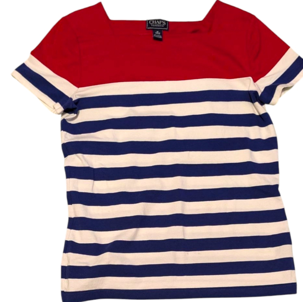 Chaps Cotton Red, White, and Blue Striped Short Sleeve Top - Preppy, Nautical